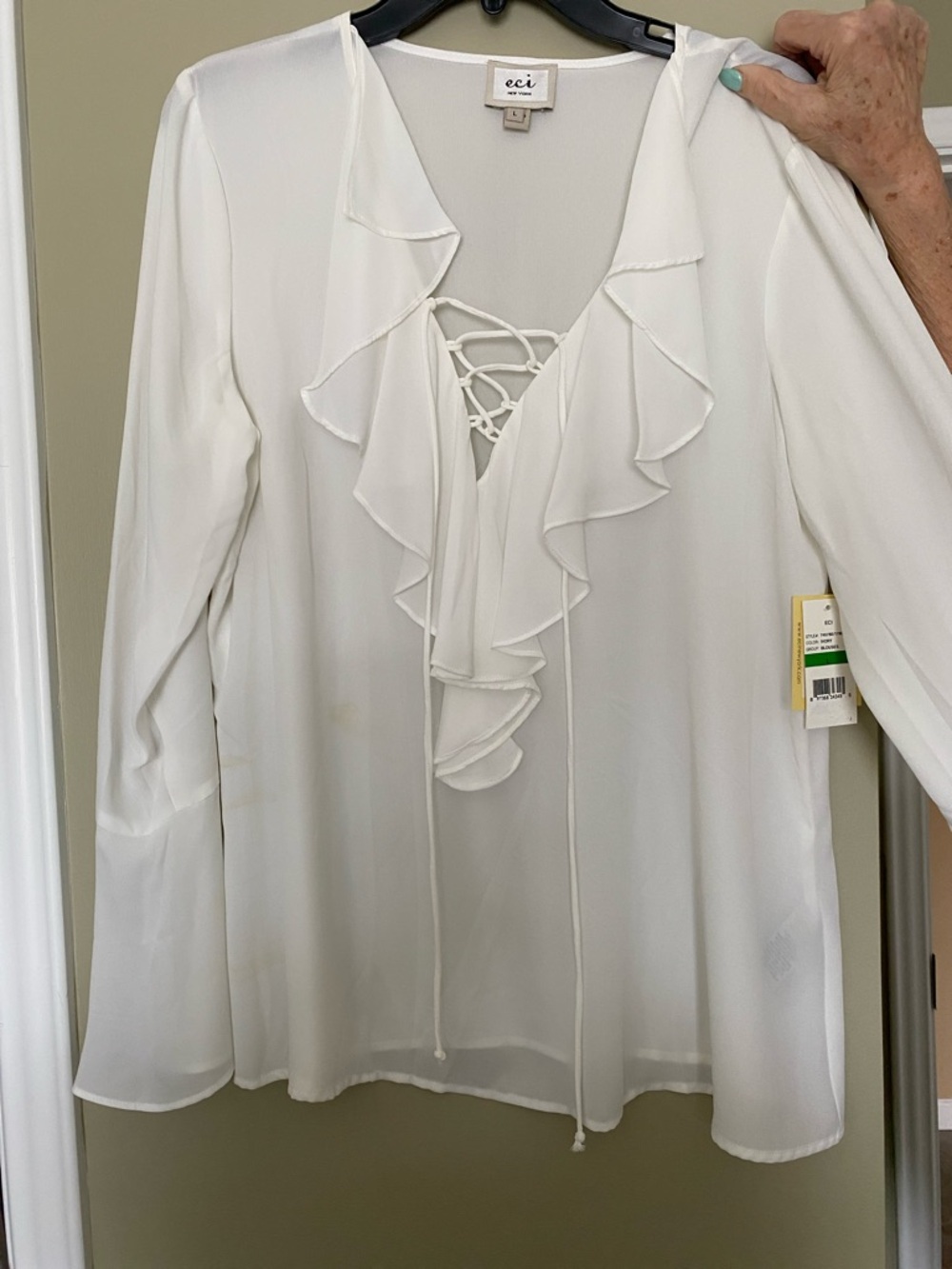 ECI White Ruffle Lace-Up V-Neck Blouse
